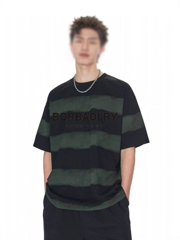 Оптовая 220g футболка Пахта Мода Простой свободный полосатый верх галстук краска ремесленный упал плечи круглый шея короткий рукав