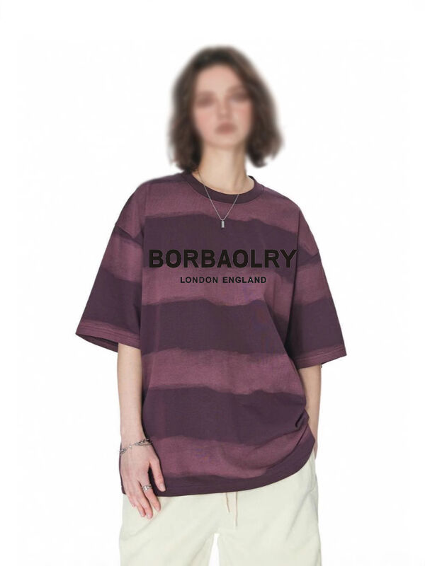 Оптовая 220g футболка Пахта Мода Простой свободный полосатый верх галстук краска ремесленный упал плечи круглый шея короткий рукав